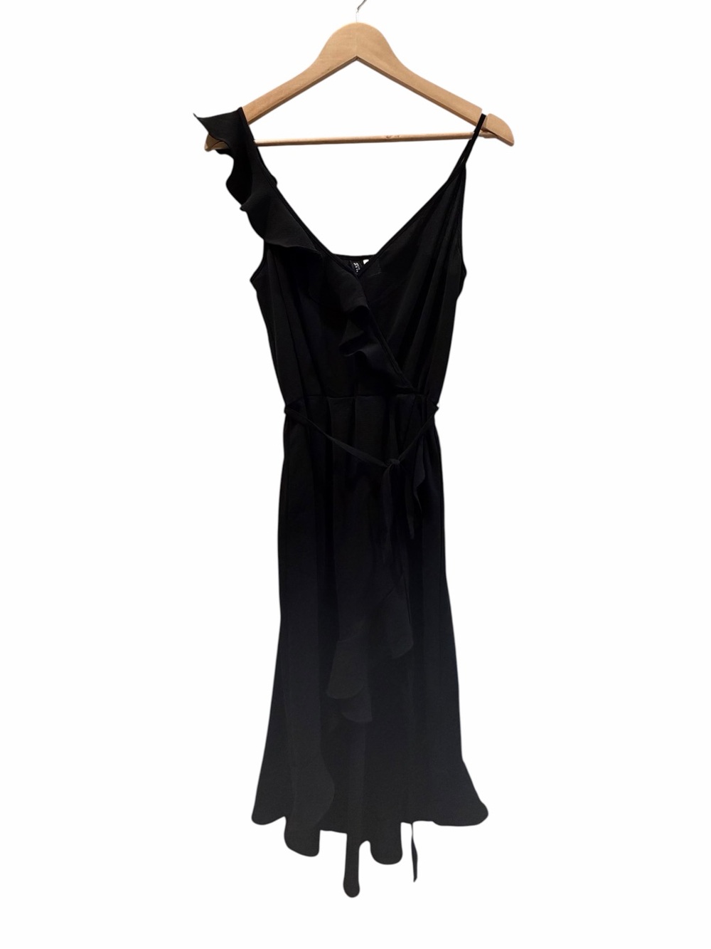 Divided Asymmetrical Black Ruffle Midi Dress